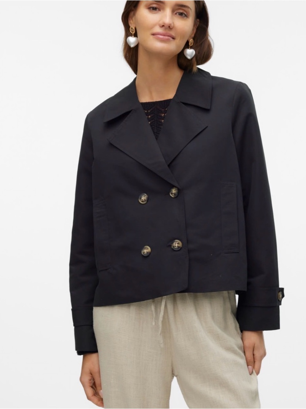 Stylish Vero Moda Double-Breasted Black Cropped Trench Look Jacket -Medium